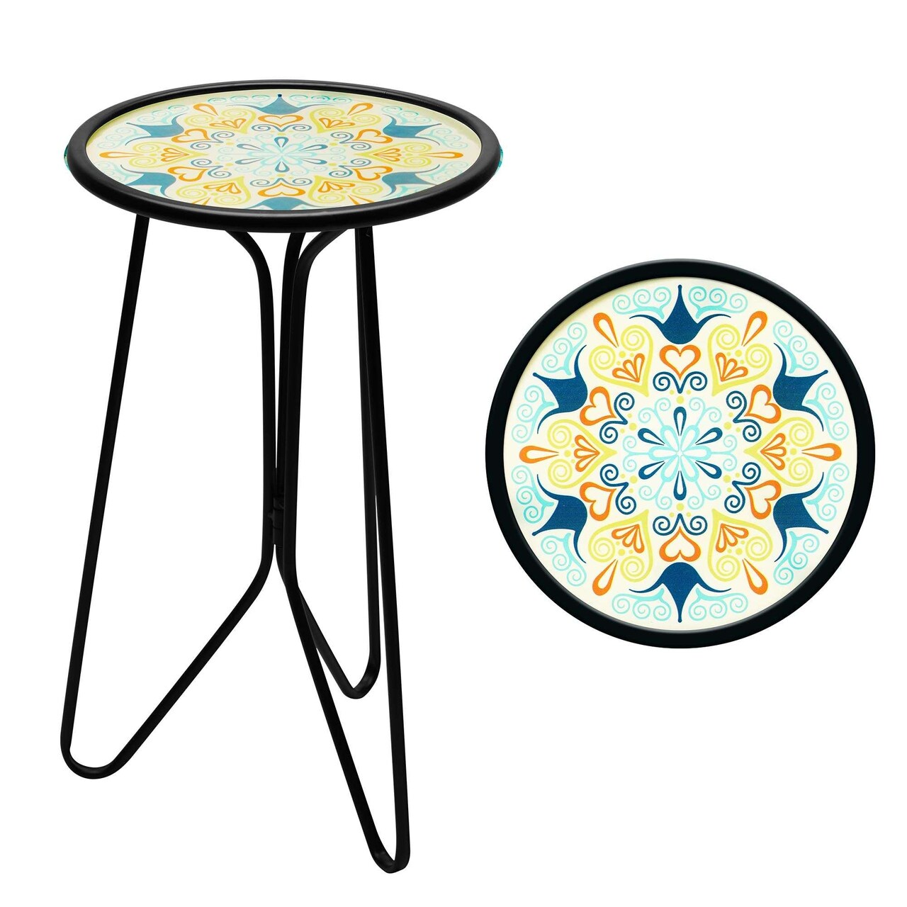 G128 12 in Round Glass Outdoor Side Table Green Mandala Pattern | Decorative Plant Stand, Small End Table for Garden Patio Porch Living Room